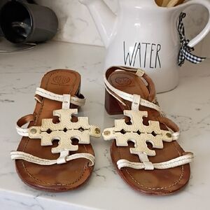 Tory Burch Cream Leather Block Heel Sandals